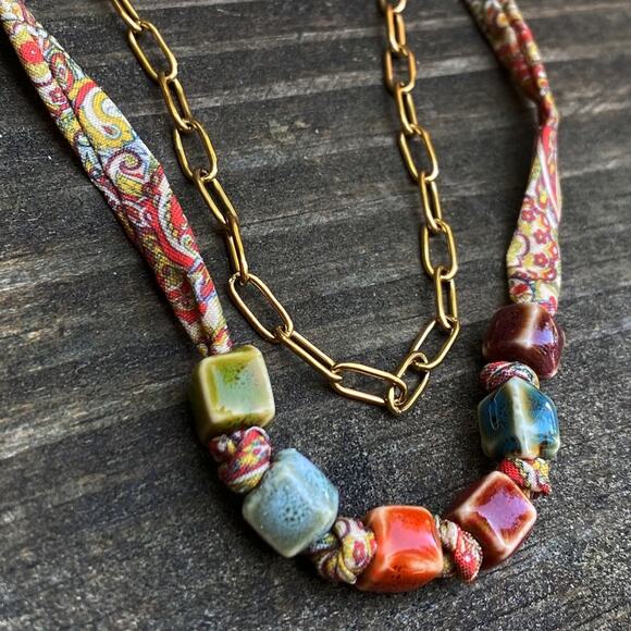 Free People Jewelry - NEW Ceramic Bead & Paisley Printed Cloth Layering Necklace Set